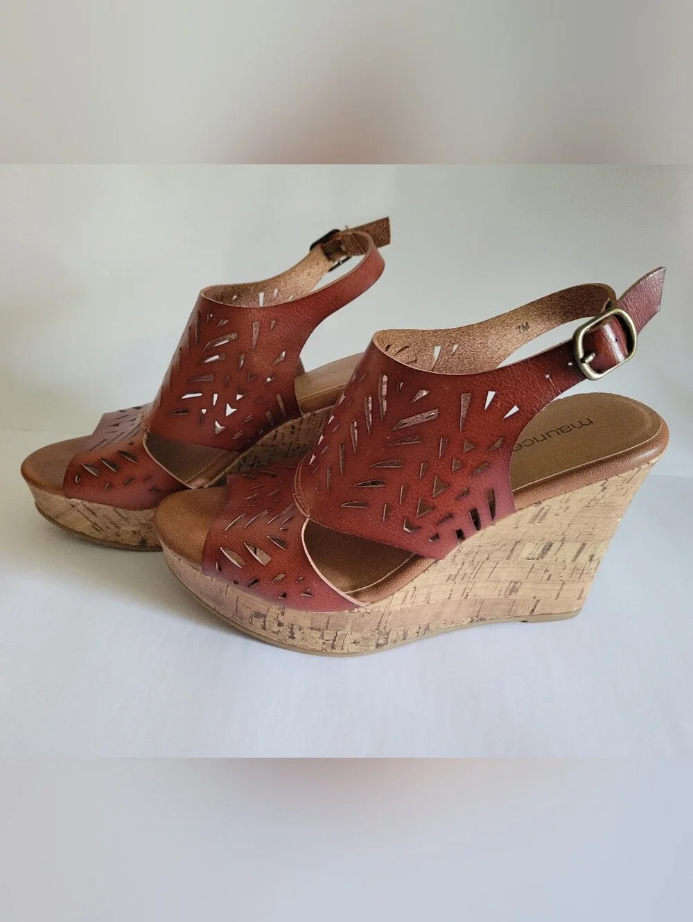 Maurices Womens Brown Laser Cut Cork Platform Wedge Sandals Size 7M Boho Y2K